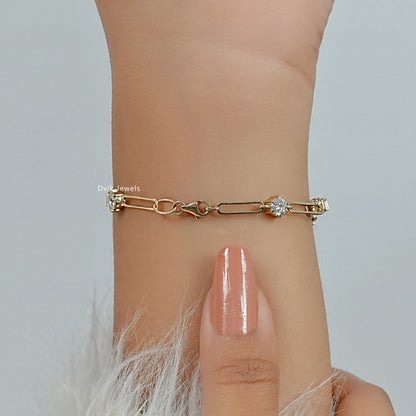 Round Cut Diamond Paperclip Link Station Bracelet Bracelet