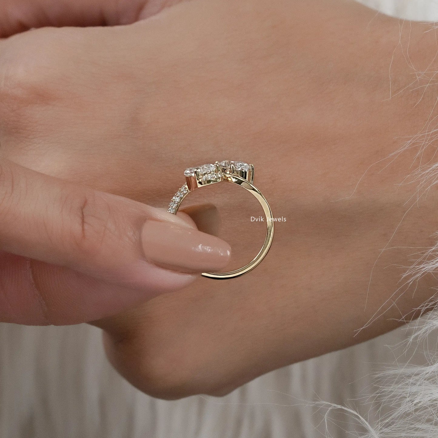 Pear & Oval Cut Lab Diamond Open Bypass Ring with Half Pavé Band Ring
