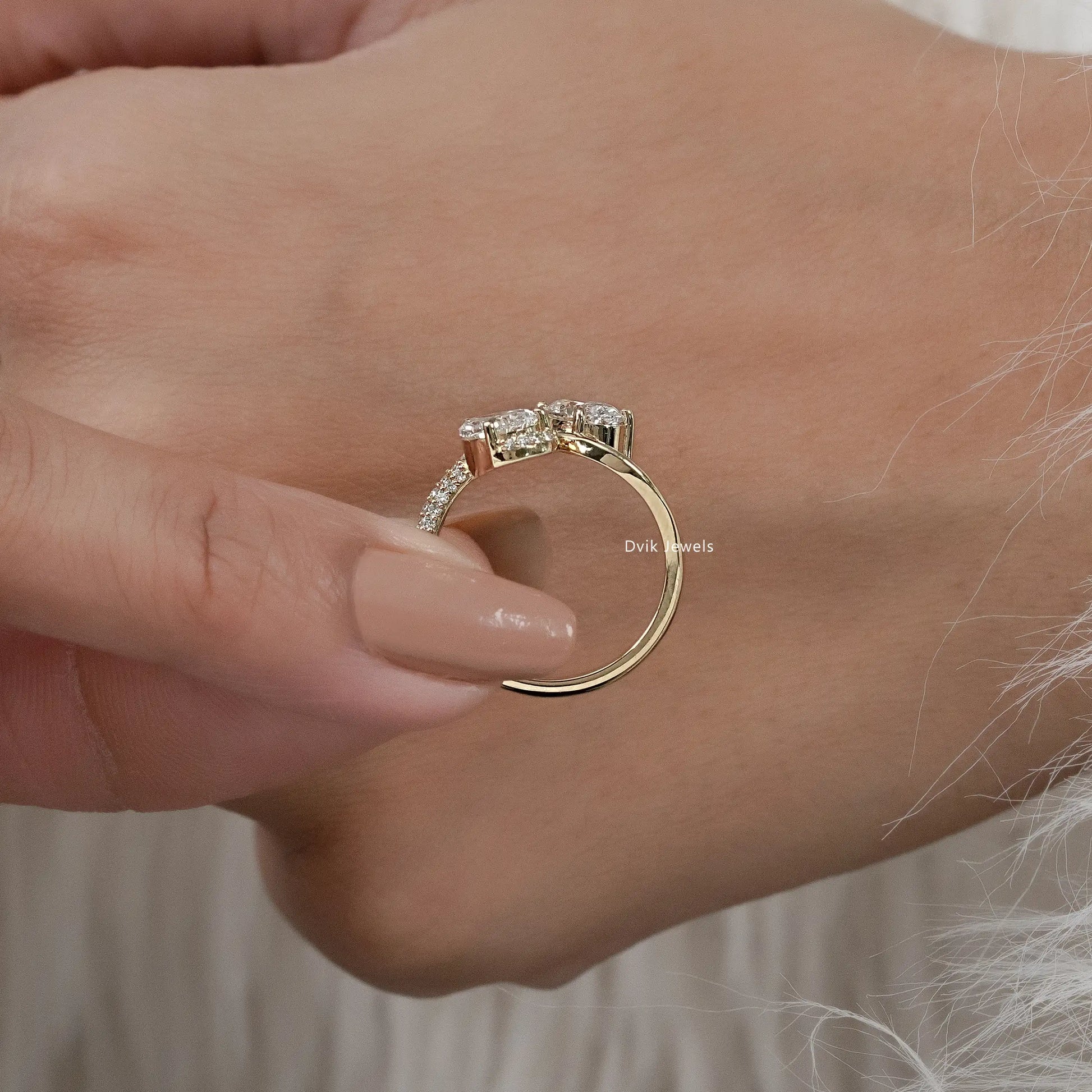 Pear & Oval Cut Lab Diamond Open Bypass Ring with Half Pavé Band Ring