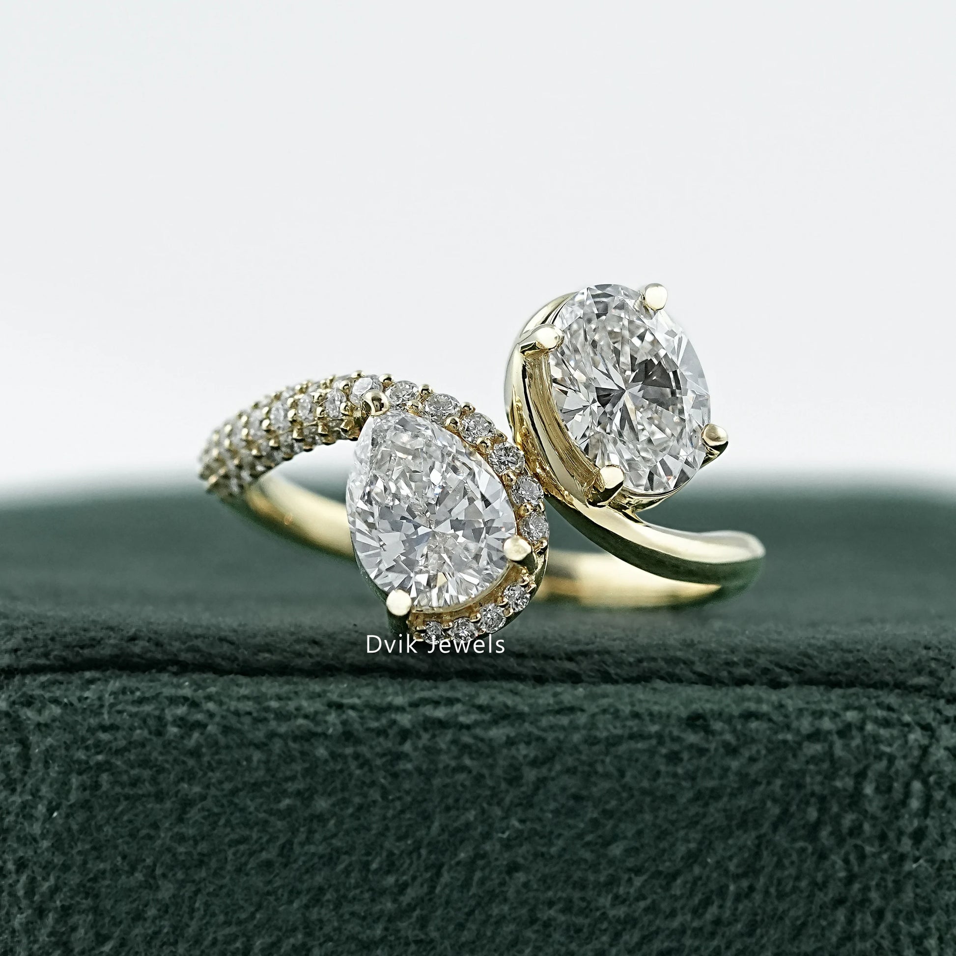 Pear & Oval Cut Lab Diamond Open Bypass Ring with Half Pavé Band Ring