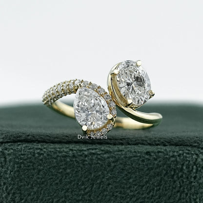 Pear & Oval Cut Lab Diamond Open Bypass Ring with Half Pavé Band Ring