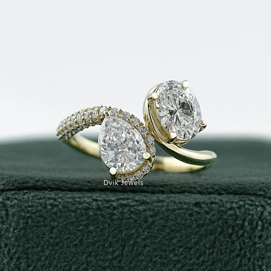 Pear & Oval Cut Lab Diamond Open Bypass Ring with Half Pavé Band Ring
