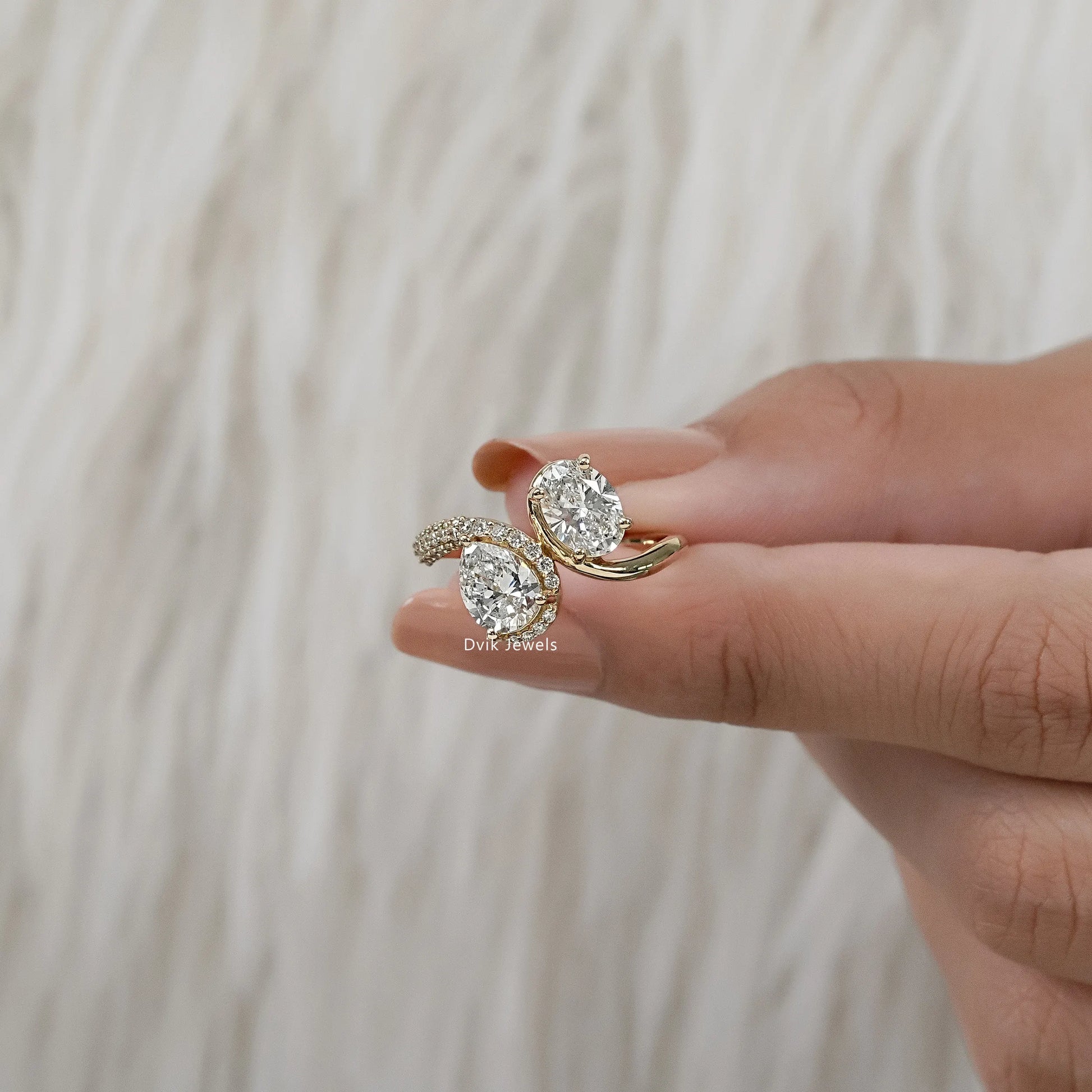 Pear & Oval Cut Lab Diamond Open Bypass Ring with Half Pavé Band Ring
