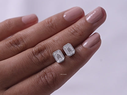 Emerald Cut Lab Diamond Bezel Set Stud Earrings