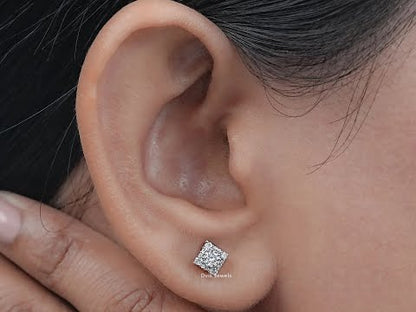 Square Shape Round Diamond Cluster Earrings