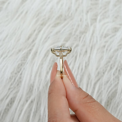 Radiant cut engagement rings featuring a side profile of a slim gold band.