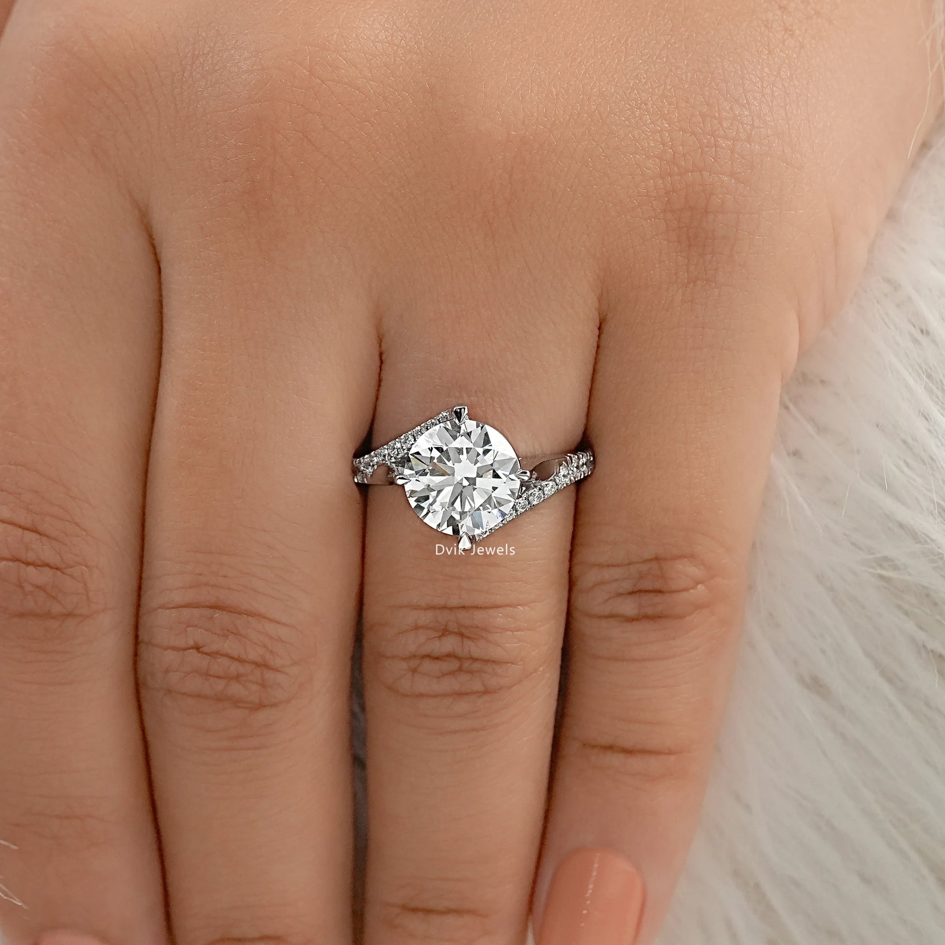 Round Cut Lab Diamond Solitaire Ring with Twisted Pave Band Ring
