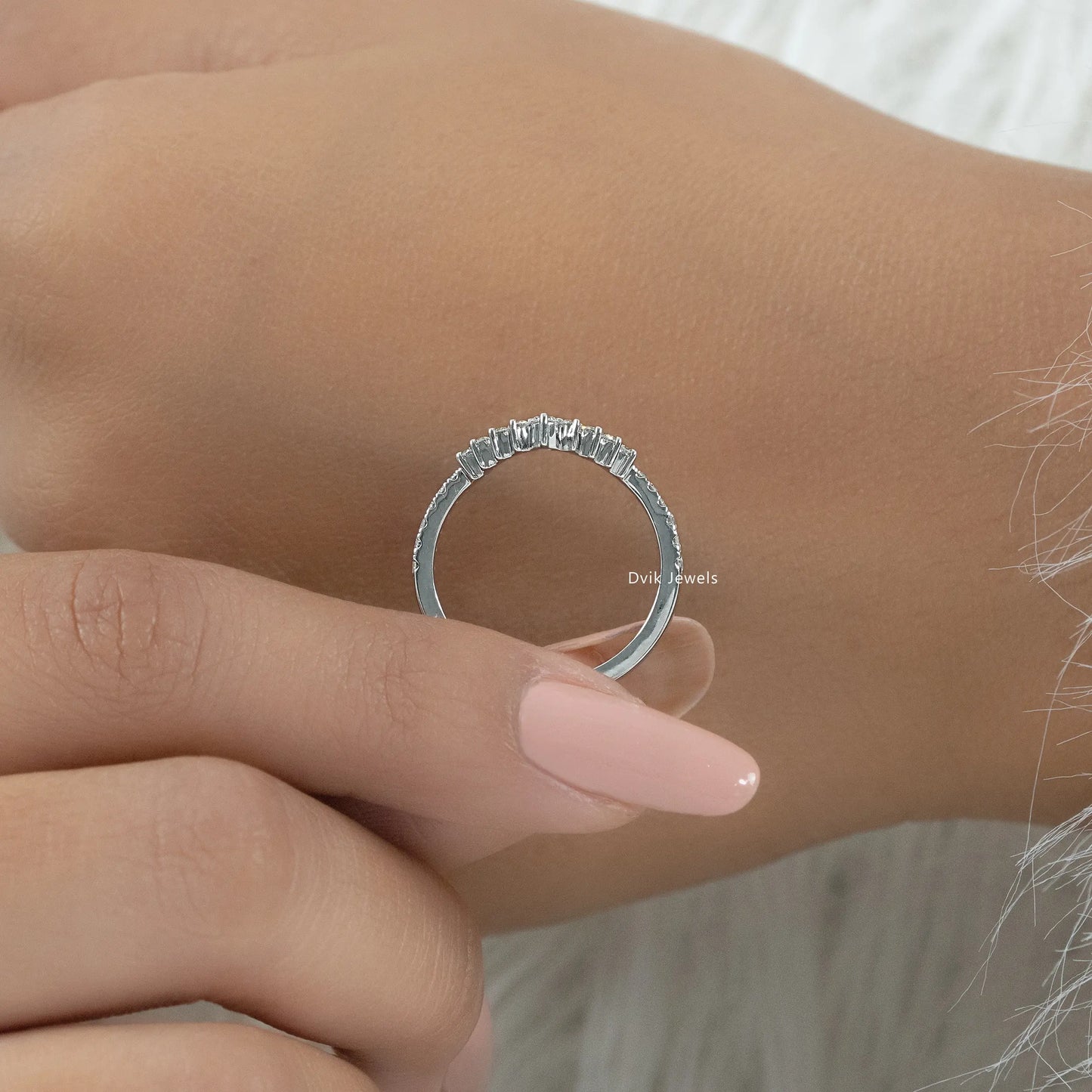 Curved Round Cut Lab Diamond Chevron Wedding Band Ring