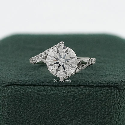 Round Cut Lab Diamond Solitaire Ring with Twisted Pave Band Ring