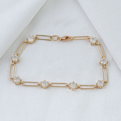 Round Cut Diamond Paperclip Link Station Bracelet Bracelet