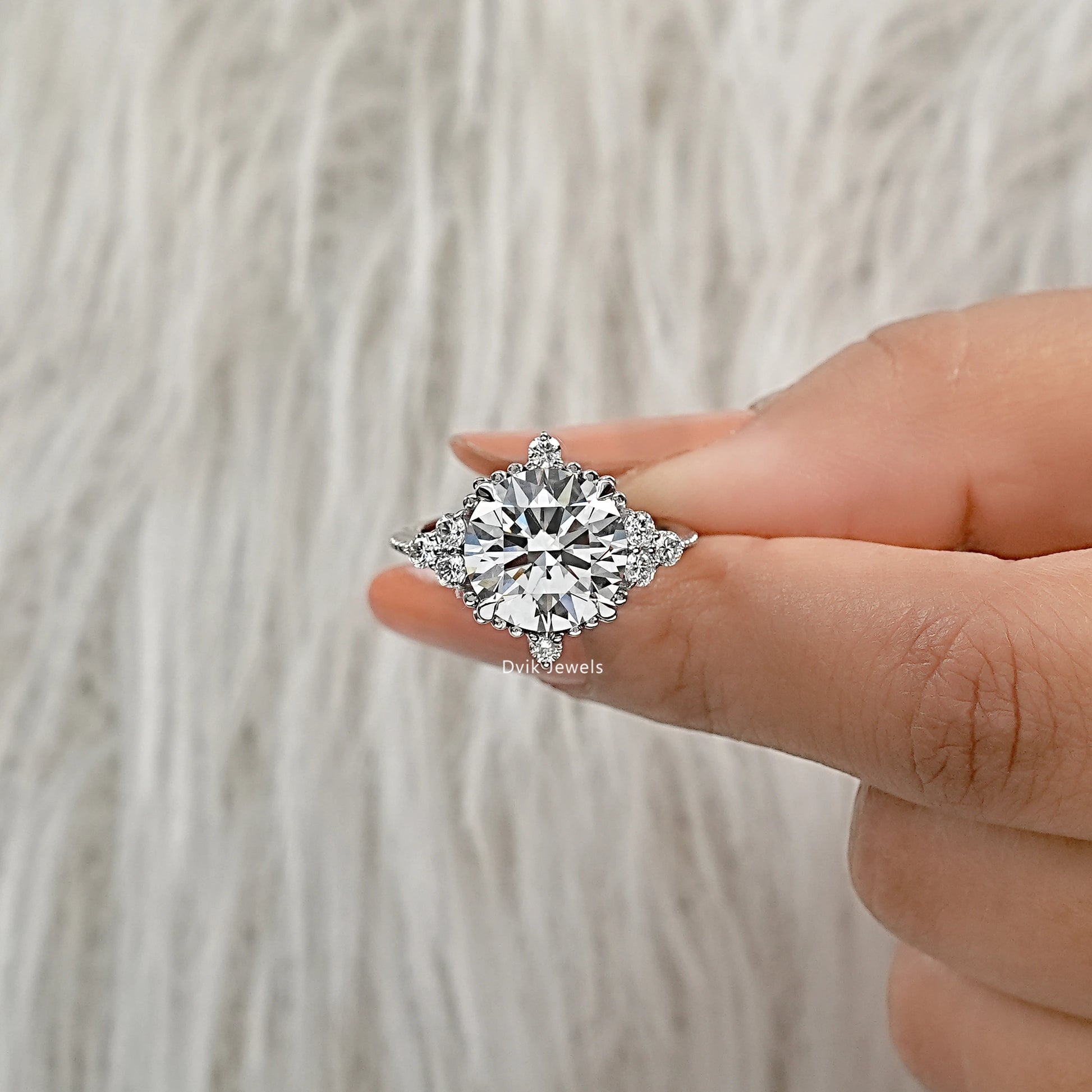 Round Cut Lab Diamond Accent Cluster Ring Ring