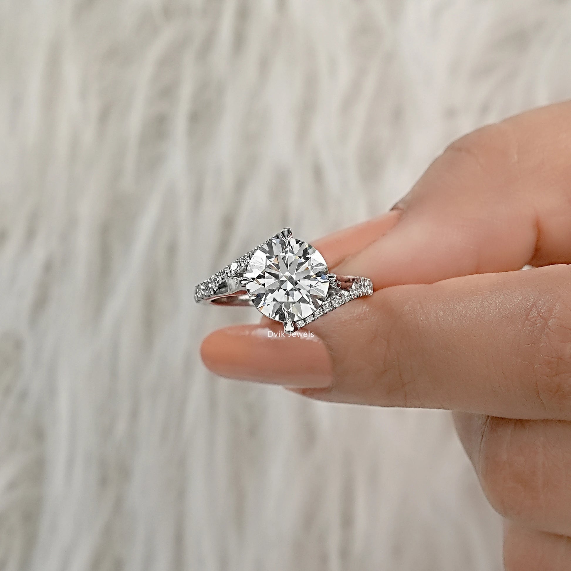 Round Cut Lab Diamond Solitaire Ring with Twisted Pave Band Ring