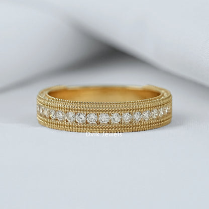 Round Cut Lab Diamond Engraved Milgrain Men's Band Band