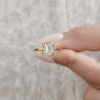 Bezel Set Emerald Cut Lab Diamond Engagement Ring Ring