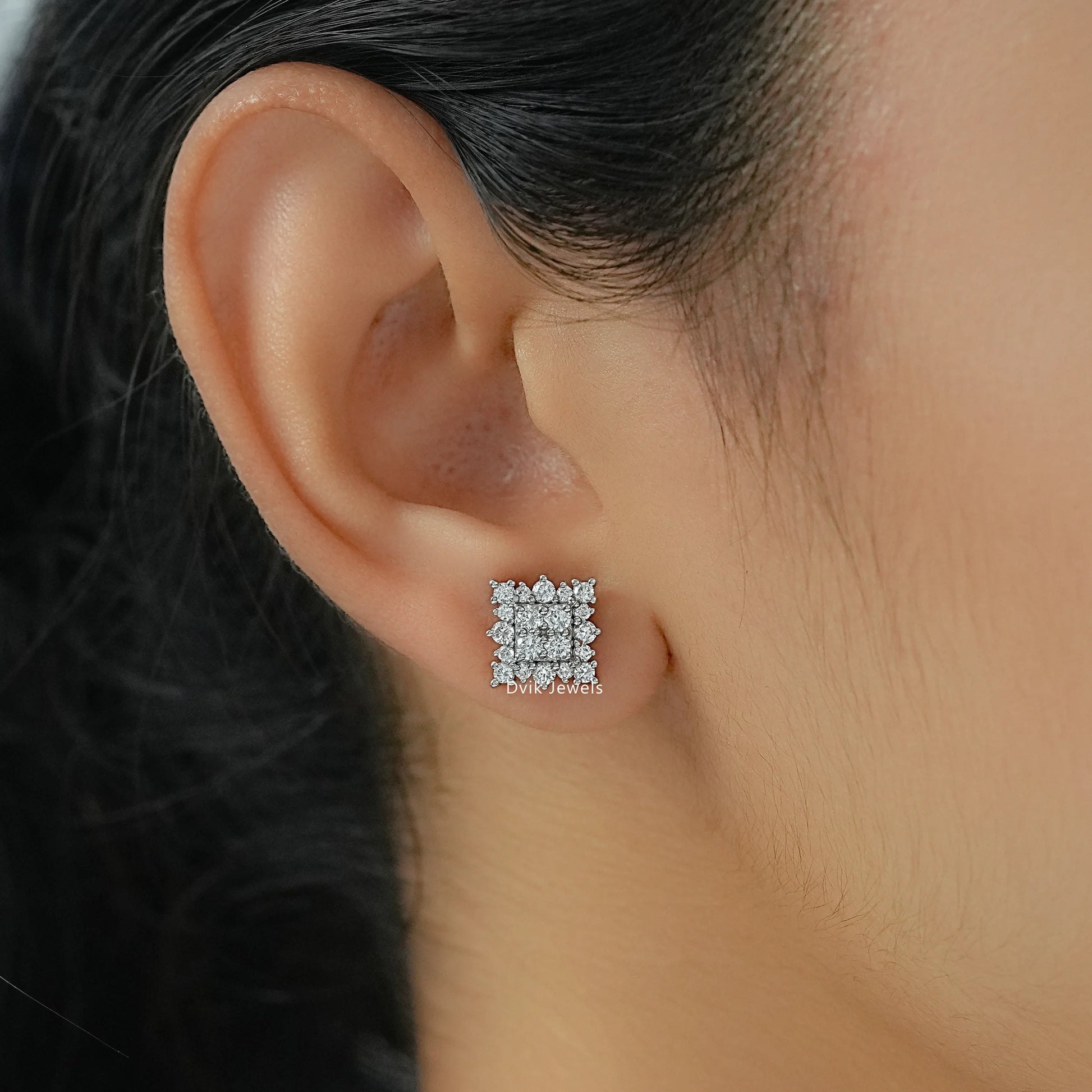Square Cluster Lab Diamond Halo Stud Earrings Earrings