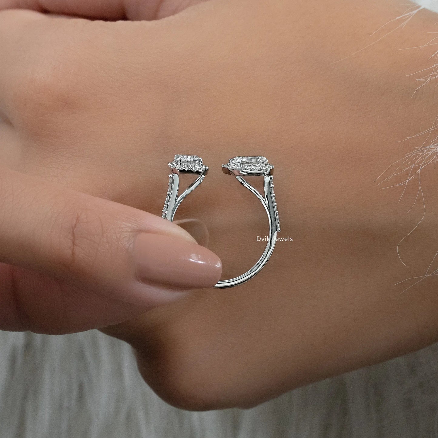 Emerald & Pear Halo Lab Diamond Two Stone Ring