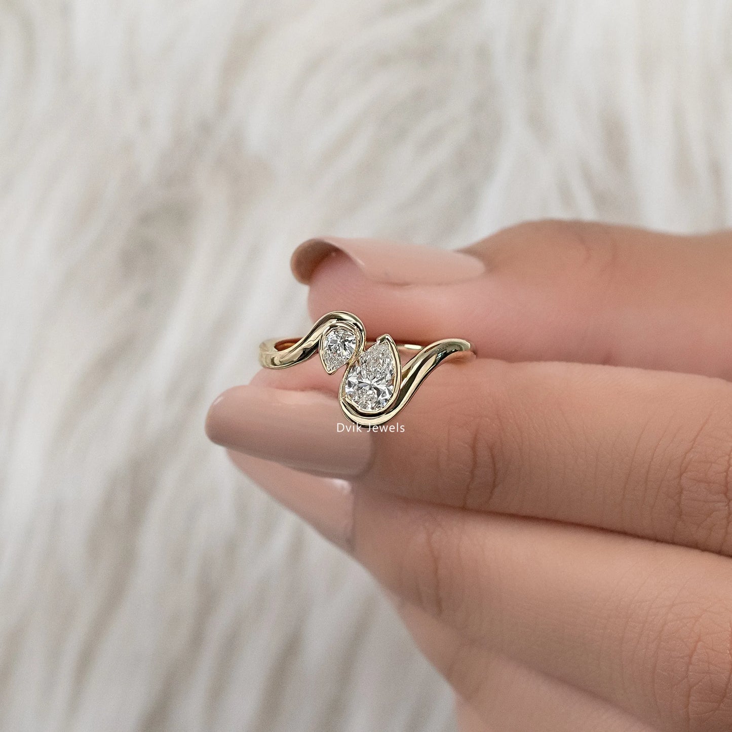 Double Pear Cut Lab Diamond Curved Ring Ring