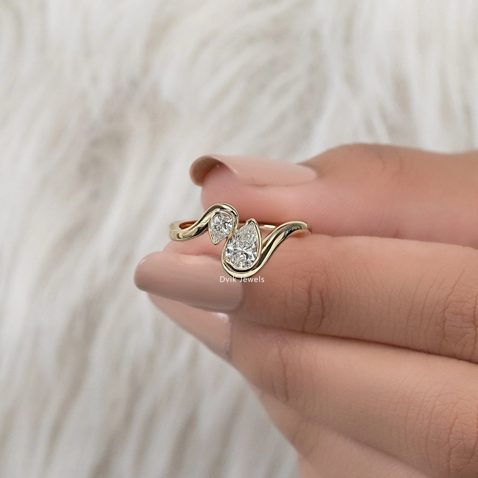 Double Pear Cut Lab Diamond Curved Ring Ring