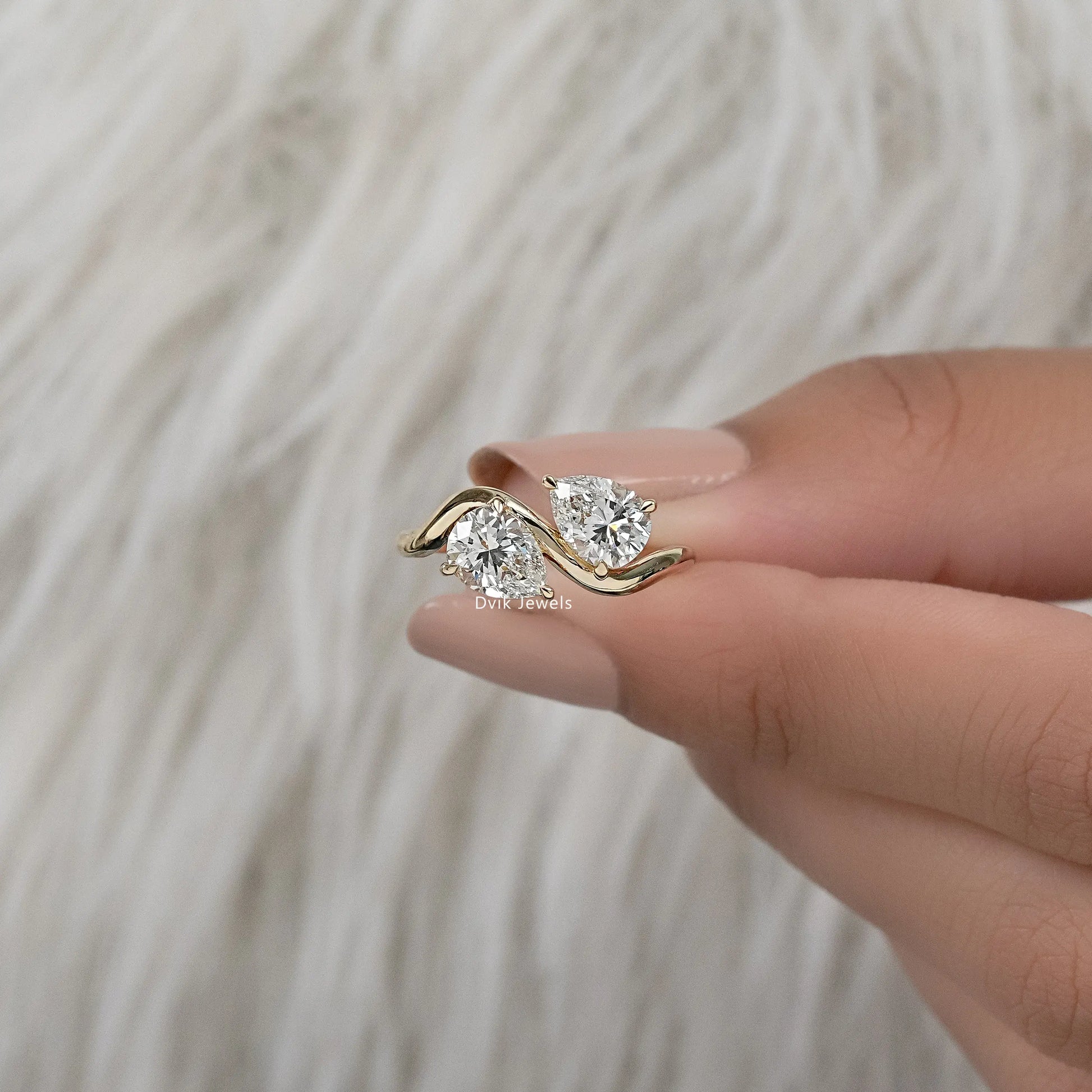 Twin Pear Cut Lab Diamond Curved Ring Ring