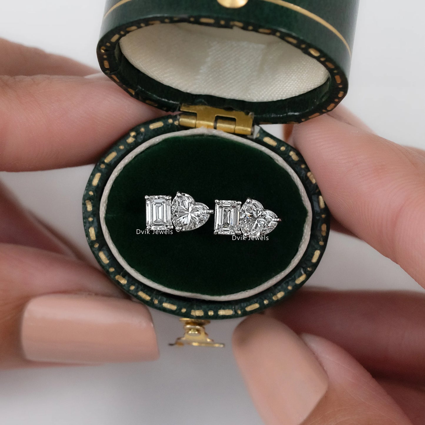Two Stone Emerald & Heart Lab Diamond Stud Earrings Earrings