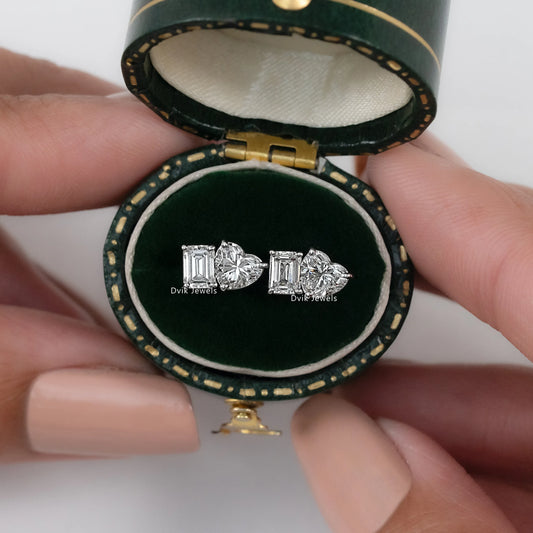 Two Stone Emerald & Heart Lab Diamond Stud Earrings Earrings