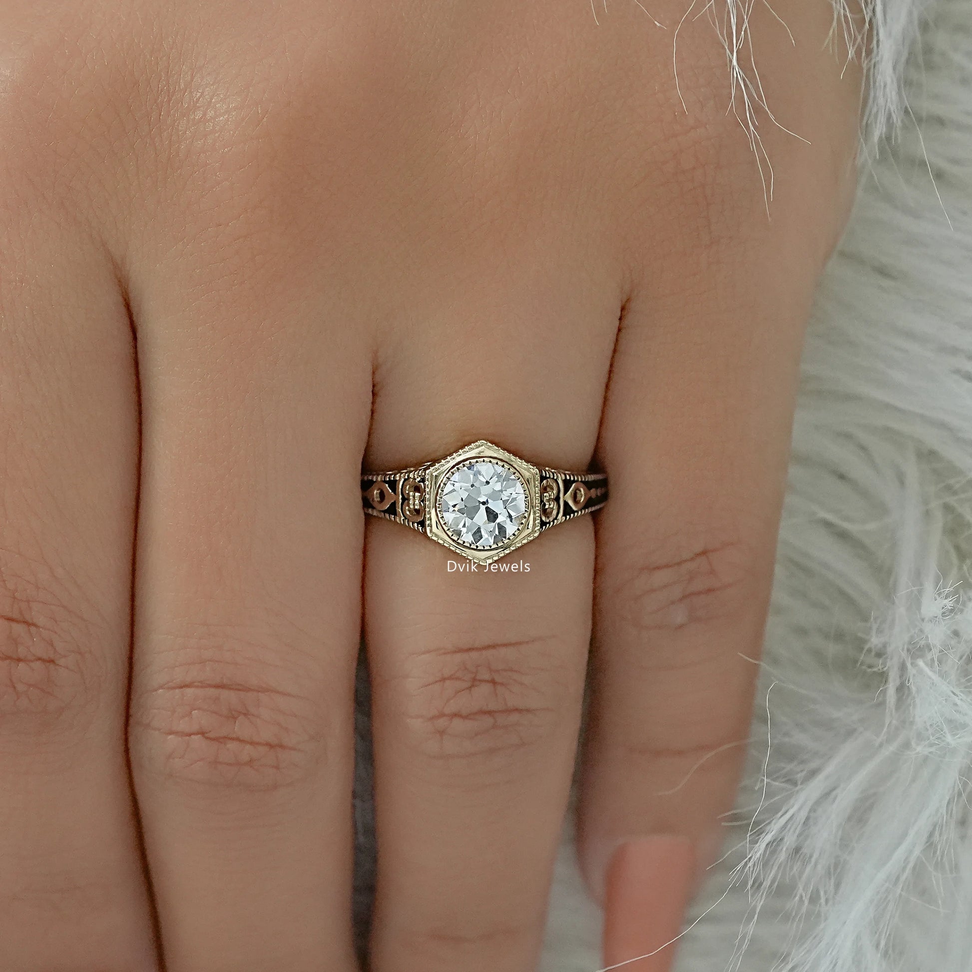 OEC Round Diamond Milgrain Bezel Ring with Filigree Band Ring