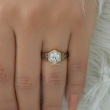 OEC Round Diamond Milgrain Bezel Ring with Filigree Band Ring