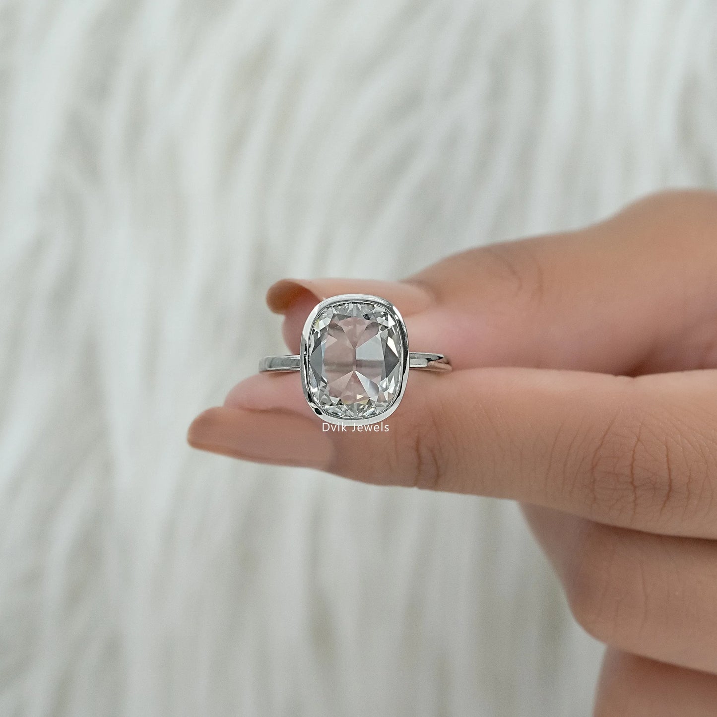 Old Mine Cushion Cut Lab Diamond Bezel Set Engagement Ring Ring